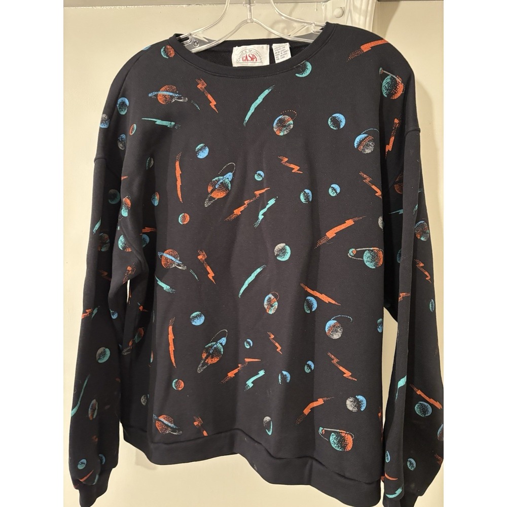 VTG Caspi Space Theme Black Sweatshirt XL SATURN Lightning 80's 90's Red Teal